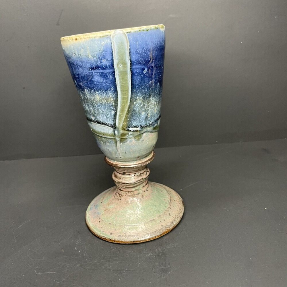 Vtg Hand Thrown Stoneware‎ STUDIO ART POTTERY  7" Wine Glass Goblet Blue Glazed - Picture 3 of 8